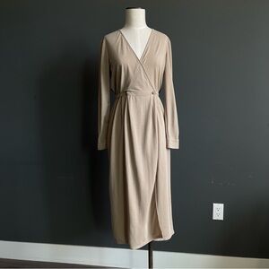 Massimo Dutti Taupe Wrap Midi Dress Neutral Minimalist Long Sleeve XS
